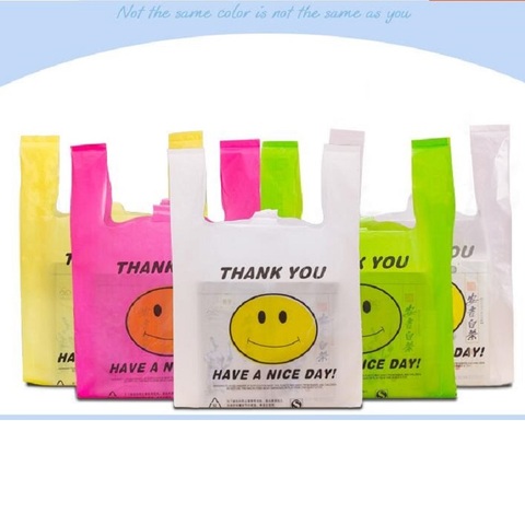 50 pcs/pack 20x32cm effectuer des sacs sourire cadeau sac au détail supermarché épicerie Shopping sacs en plastique avec poignée emballage alimentaire ► Photo 1/6