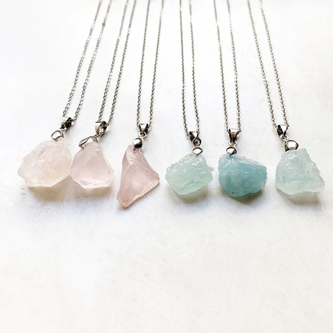 Bijoux en pierres naturelles, aigue-marine brute, pendentif, Quartz rose, pierres brutes, chaîne en acier inoxydable, nouveauté ► Photo 1/5