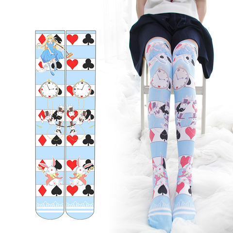 Chaussettes mignonnes Alice au pays des merveilles, bas Lolita Cosplay pour femmes, Anime Kawaii, japonais, cuisse haute, au-dessus du genou, chaussettes d'halloween, cadeaux ► Photo 1/5