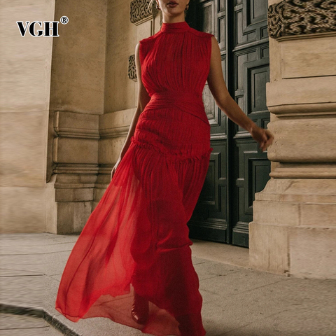 VGH mousseline de soie ruché robe pour les femmes col montant sans manches taille haute Maxi robes femme 2022 été mode nouveaux vêtements marée ► Photo 1/6