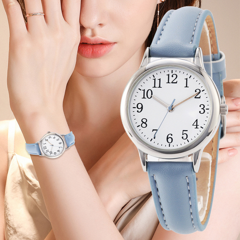 Montre à Quartz pour femmes, mouvement japonais, chiffres arabes, lecture facile, bracelets en cuir, couleur bonbon, cadran Simple ► Photo 1/6