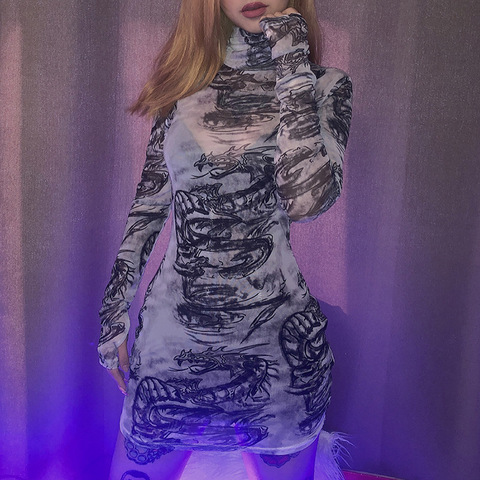 Mini robe moulante transparente à col roulé pour femme, tenue de soirée en maille, imprimé Dragon, collection automne 2022 ► Photo 1/6