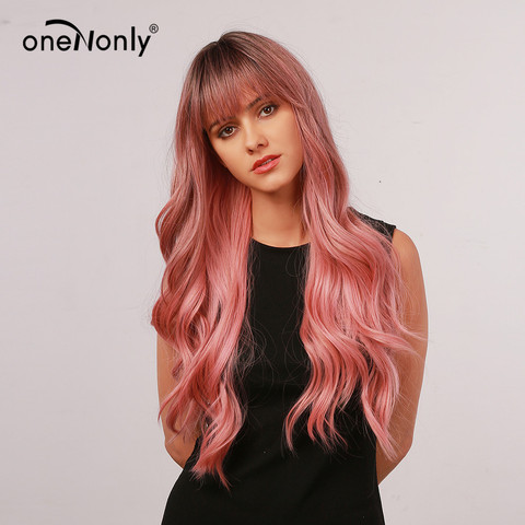 OneNonly – perruque synthétique longue ondulée rose ombré, avec frange soignée, racines foncées pour femmes, Cosplay, cheveux naturels résistants à la chaleur ► Photo 1/6