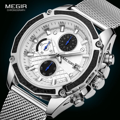 MEGIR – montre de luxe à Quartz pour hommes, chronographe, étanche, bracelet en maille, Sport militaire décontracté, 2022 ► Photo 1/6