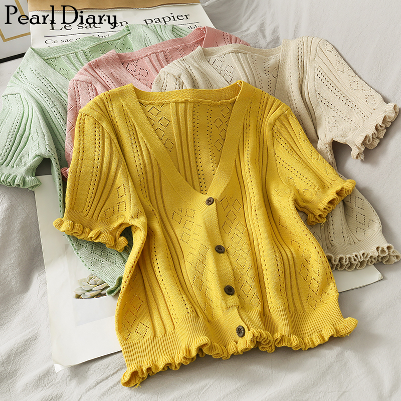 Pearl Diary – Cardigan tricoté à boutons devant pour femmes, Top, col en V, ourlet à volants, ajouré, doux, haut court, chemises tricotées, 2022 ► Photo 1/6