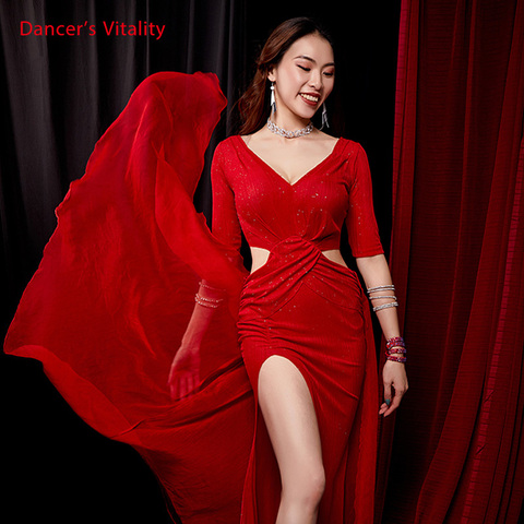 Jupe de danse robe à manches longues femmes danse du ventre danse orientale pratique Spandex déguisement bleu rouge grand ► Photo 1/5