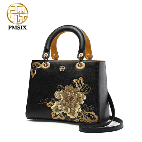 PMSIX-sac à main brodé en cuir véritable pour femmes, sac à fleurs dorées, sacs à bandoulière de marque célèbre, fourre-tout de luxe en cuir de vache ► Photo 1/6