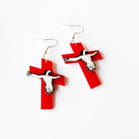 Exagéré grande croix rouge jésus acrylique boucles d'oreilles Horrible grand Cool Punk boucles d'oreilles pour femmes hommes boîte de nuit bijoux de fête ► Photo 1/4