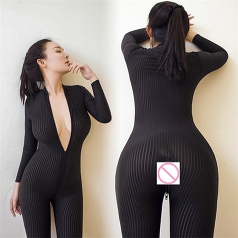 XS-8XL Sexy ouvert entrejambe moulante à manches longues combinaisons mode maille transparent noir barboteuse maigre Double fermeture éclair salopette Femme ► Photo 1/6