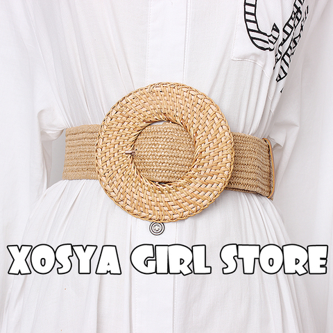Ceinture avec boucle en bois pour femmes, sangle large tressée, ceinture élastique en paille en PP pour filles, de styliste, collection décontracté BZ339 ► Photo 1/5