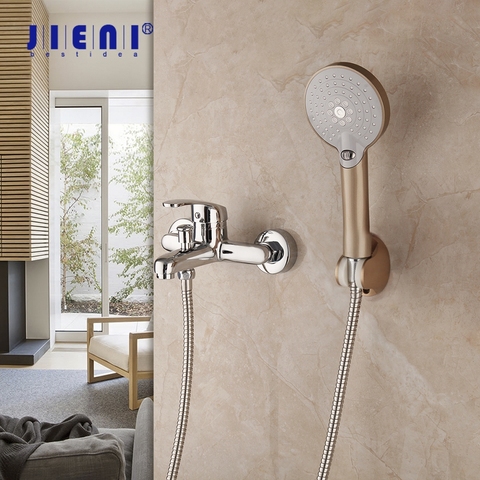 JIENI Chrome salle de bain robinet de douche robinet de bain mitigeur W/pomme de douche à main mural douche baignoire robinet ensembles ► Photo 1/6