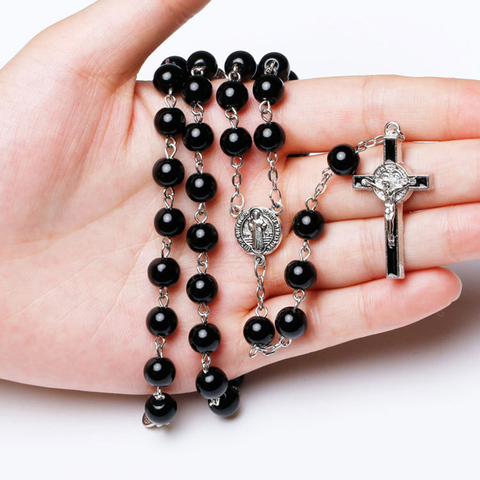 Chapelet noir gothique pour femmes et hommes, collier Long avec pendentif en croix, bijoux religieux de prière, cadeaux d'église ► Photo 1/6