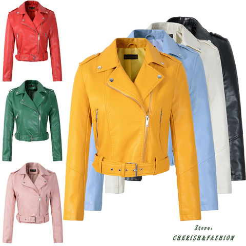 Chaude Nouvelle Mode Femmes Moto Vestes En Cuir PU Femme Automne Court Épaulette Fermetures À Glissière Manteau Chaud Noir Blanc Rose Jaune Outwear ► Photo 1/1