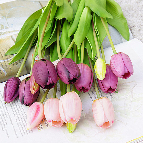 Fleurs artificielles de tulipes en silicone souple, 5 pièces/bouquet, pour une décoration de mariage, fausses fleurs main de mariée, pour la maison ► Photo 1/3