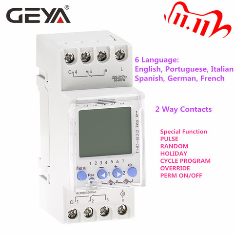 GEYA THC-822 conversation Programmable minuterie 2 canaux commutation Contacts minuterie numérique interrupteur avec batterie 16A 220V 110V ► Photo 1/6