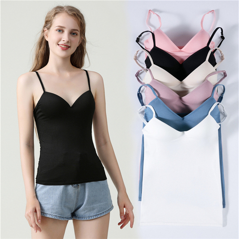 Débardeur soutien-gorge rembourré pour femmes, couleur Spaghetti, couleur unie, Camisole avec soutien-gorge intégré, vêtements de Fitness, nouvelle collection ► Photo 1/6