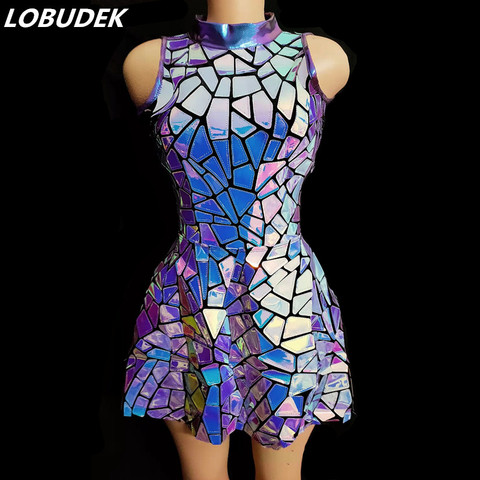 Robe courte sans manches pour femmes, violet, bleu, miroir Laser, paillettes, sans manches, chanteur, danse, Bar, discothèque, scène, Costume de bal d'anniversaire ► Photo 1/6