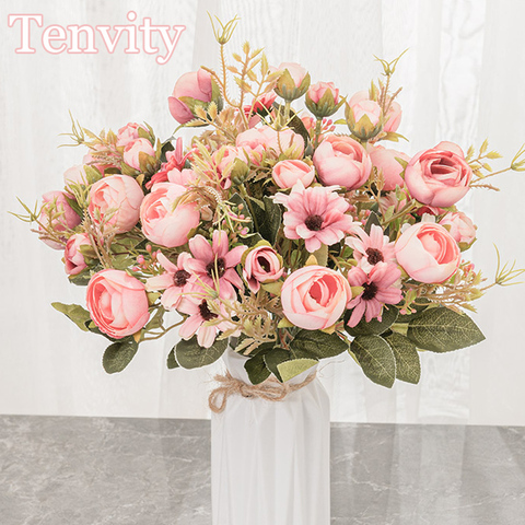 Bouquet de fleurs artificielles roses en soie, accessoires en plastique de haute qualité, décoration de Table de mariage, salon, maison ► Photo 1/6