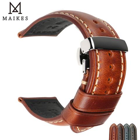 Maikes – bracelets de montre faits à la main, 18-24mm, bleu marron, pour femmes et hommes, fermoir papillon, en cuir véritable, ceinture, 20mm ► Photo 1/6