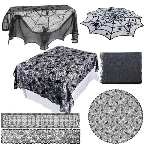 Nappe en toile d'araignée noire en dentelle, 1 pièce, chemin de Table, cheminée, rideau, décoration pour Halloween, fournitures de fête à domicile ► Photo 1/6