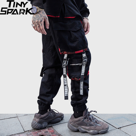 Hommes hanche hanche Cargo pantalon Streetwear Harajuku Joggers pantalon tactique fermeture éclair poches HipHop Swag ruban sarouel pantalon de survêtement ► Photo 1/6