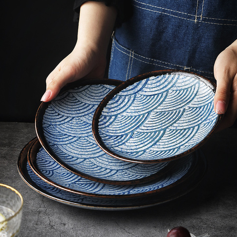 KINGLANG vaisselle en céramique traditionnelle japonaise | Design ondulé couleur bleue simple assiette ronde Sushi riz grand bol de nouilles ► Photo 1/6