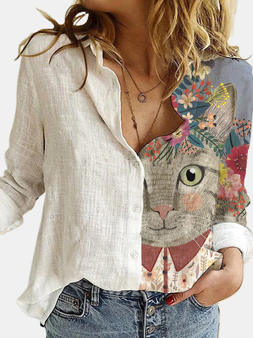 Mode lâche Animal chat impression numérique femmes chemise automne bureau blanc Blouses manches col rabattu décontracté imprimé Cardigan haut ► Photo 1/6