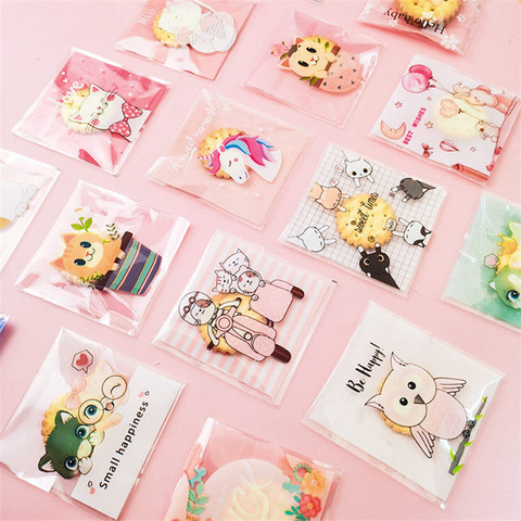 100 pièces 7x7 + 3cm en plastique dessin animé auto-adhésif sac boulangerie emballage Cookie Snack bonbons sacs pour cadeau de fête de mariage ► Photo 1/6