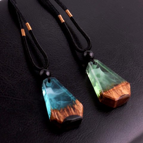 Collier à pendentif en bois et résine pour homme et femme, chaîne de chandail, solide, fait à la main, couleur bleu et vert, haute qualité ► Photo 1/6