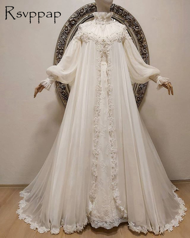 Robe de mariée blanche en mousseline de soie, manches longues, col haut, broderie perlée, pour femmes musulmanes de dubaï, 2022 ► Photo 1/5