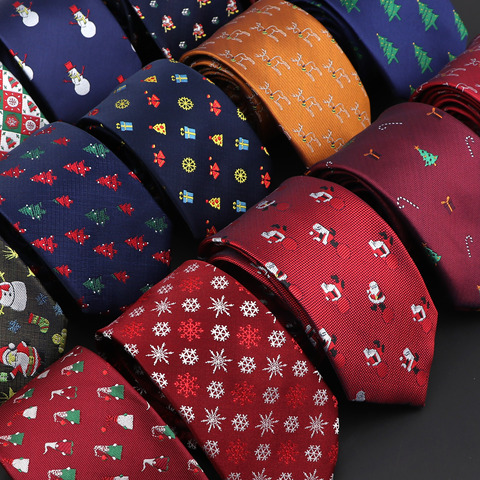 Cravate de noël imprimée rouge et bleu, 7cm, cravates Slim avec motif d'arbre de noël, père noël, flocons de neige, pour cadeau de Festival ► Photo 1/6
