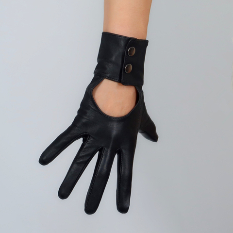 Écran tactile gants en cuir véritable femme 25cm peau de mouton Pure noir bouton creux dos nu mince femmes gants en cuir WZP42 ► Photo 1/6