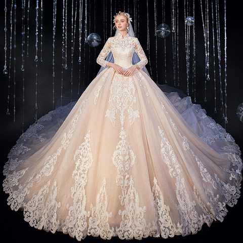 Robe de bal à col haut et manches trois quarts, avec des Appliques en dentelle, Super magnifique et brillante, robes de mariée, nouvel arrivage, 2022 ► Photo 1/6