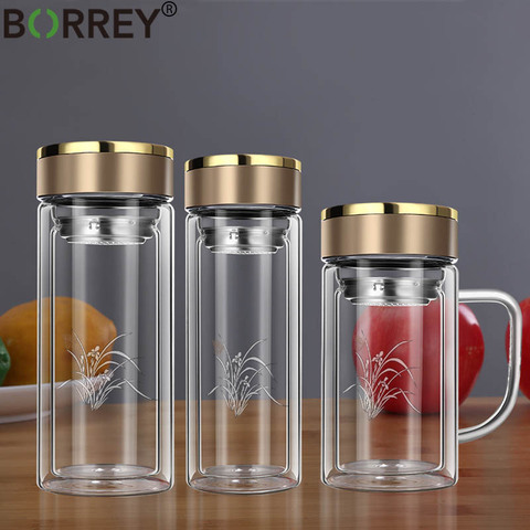 BORREY 450Ml bouteille d'eau verre Double paroi Borosilicate verre bouteille de thé avec infuseur filtre poignée Double couche bureau tasse à thé ► Photo 1/6