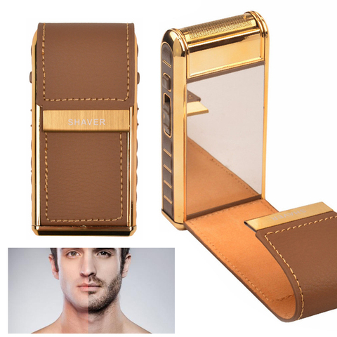 Rasoir électrique marron pour hommes tête de coupe en acier sac en cuir professionnel mini rasoir cadeaux pour hommes avec épilation miroir ► Photo 1/6