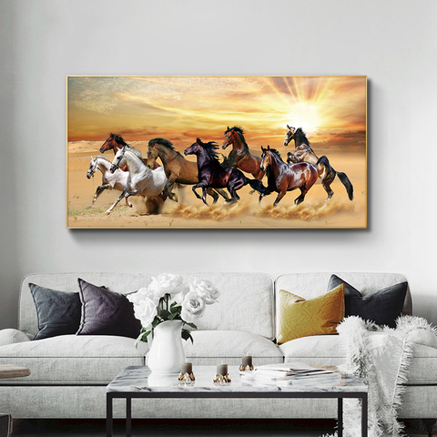 Peinture sur toile avec huit chevaux animaux sauvages coucher de soleil, affiches et imprimés scandinave, images d'art mural pour décoration de salon ► Photo 1/6