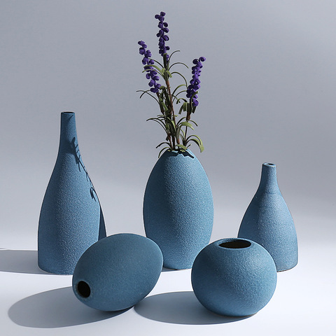 Vase rond en céramique givré bleu méditerranéen, décoration créative pour la maison, salon, bureau, dispositif à fleurs séchées ► Photo 1/6