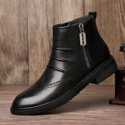 Bottines chaudes en cuir véritable pour homme, chaussures d'hiver décontractées, de qualité supérieure, avec fermeture éclair latérale ► Photo 1/6