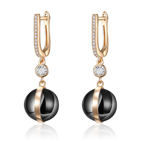 Boucles d'oreilles en céramique pour femmes, en forme de boule, bijoux longs à suspendre, bijoux en pierre gemme zircone noire pour filles ► Photo 1/6