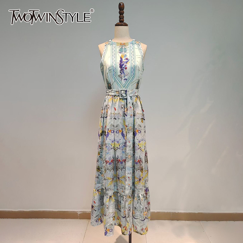 Deuxtwinstyle Vintage robe imprimée pour les femmes O cou sans manches taille haute ceintures Hit couleur Maxi robes femme mode élégant ► Photo 1/6