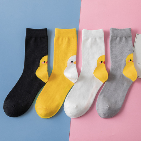 Chaussettes en coton pour femmes, jolies chaussettes solides à motifs de canard, Style universitaire, respirantes et tendance ► Photo 1/6