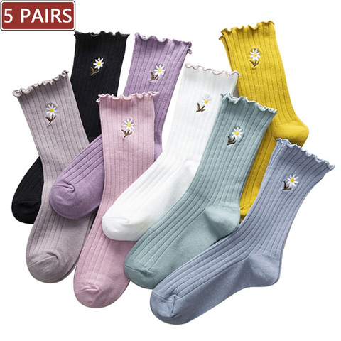 5 paires femmes heureux à volants froufrous chaussettes noir blanc mignon fleur broderie à la mode chaussettes automne hiver couleur unie coton chaussettes ► Photo 1/6