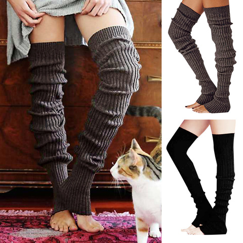 Femmes hiver chaud Crochet tricot jambières Style décontracté couleur unie sans pied cuisse haute chaussettes Pile de chaussettes 2022 noir/marron ► Photo 1/6