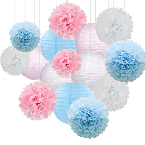 Lanternes rondes chinoises en papier Lampion boules de fleurs en papier, 4-6-8-10-12-14-16 pouces, bleu clair bleu Royal bleu ciel bleu paon ► Photo 1/6