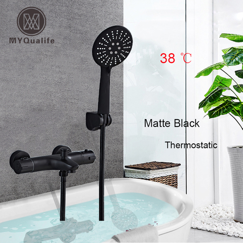 Robinet mitigeur de douche thermostatique, noir à température constante, Robinet de bain douche à main avec support ► Photo 1/6