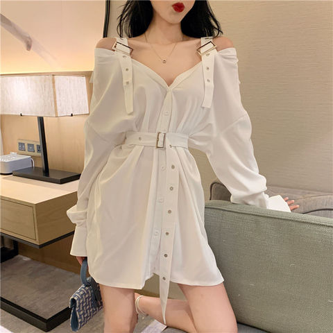 Chemise mi-longue à col dénudé pour femmes, ample, avec ceinture, Sexy ► Photo 1/6