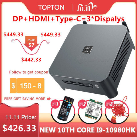 TOPTON-Mini PC Gaming Windows 10, Core i9-10980hk/i7-10750 H 10e Gen, 3x4K, 2x DDR4, 2x NVMe, 2x lan, écran DP, HDMI, type-c ► Photo 1/6