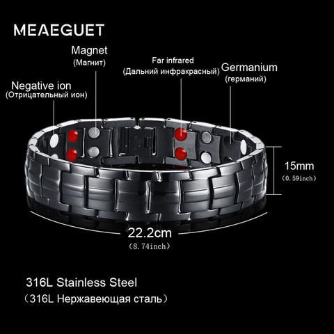 Meaeguet Remorque Row 4 Elements Énergie Santé Bracelet Bijoux Pour Hommes Noir Acier Inoxydable Chaîne Lien Aimant Thérapie Bracelets ► Photo 1/6