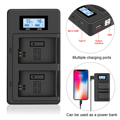 PALO – chargeur de batterie de caméra LCD NP-FW50 npfw50 fw50, double USB pour Sony A6000 5100 a3000 a35 A55 a7s II alpha 55 alpha 7 A ► Photo 1/6