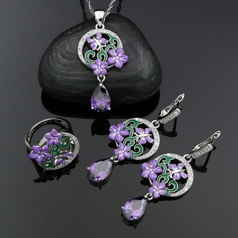 Ensemble de bijoux de mariage en émail améthyste violet pour femmes, boucles d'oreilles en argent Sterling 925, bague pendentif, collier, bijoux romantiques ► Photo 1/5